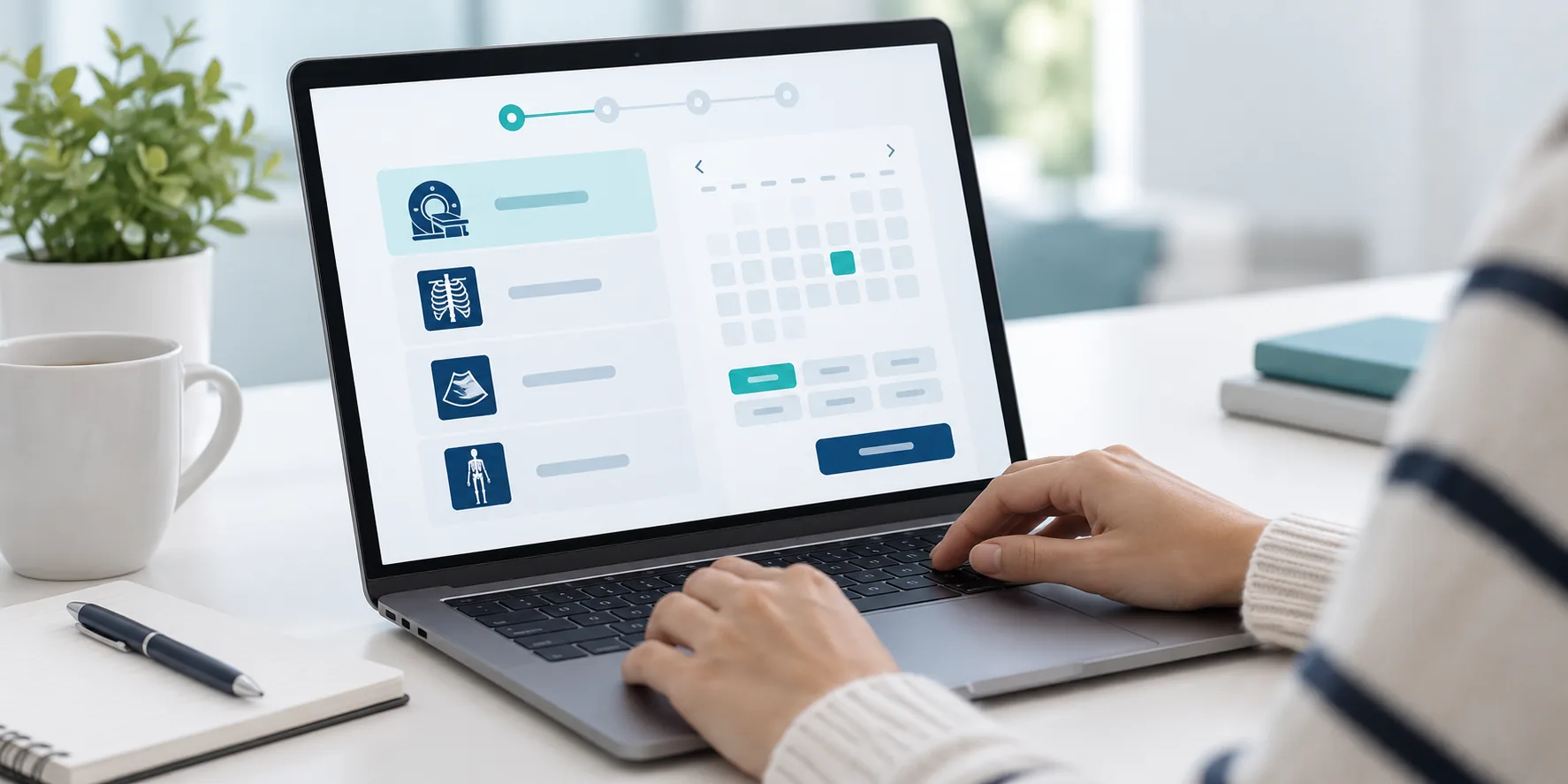 Illustrative image: a patient choosing an imaging service and appointment date on a laptop