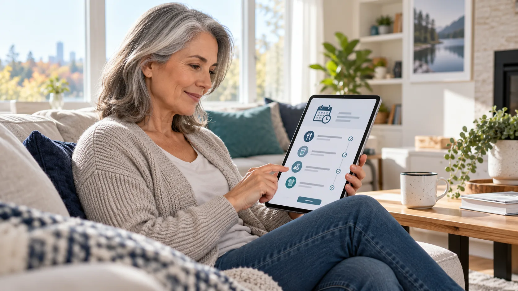 Illustrative image: a woman at home reading imaging preparation steps on a tablet