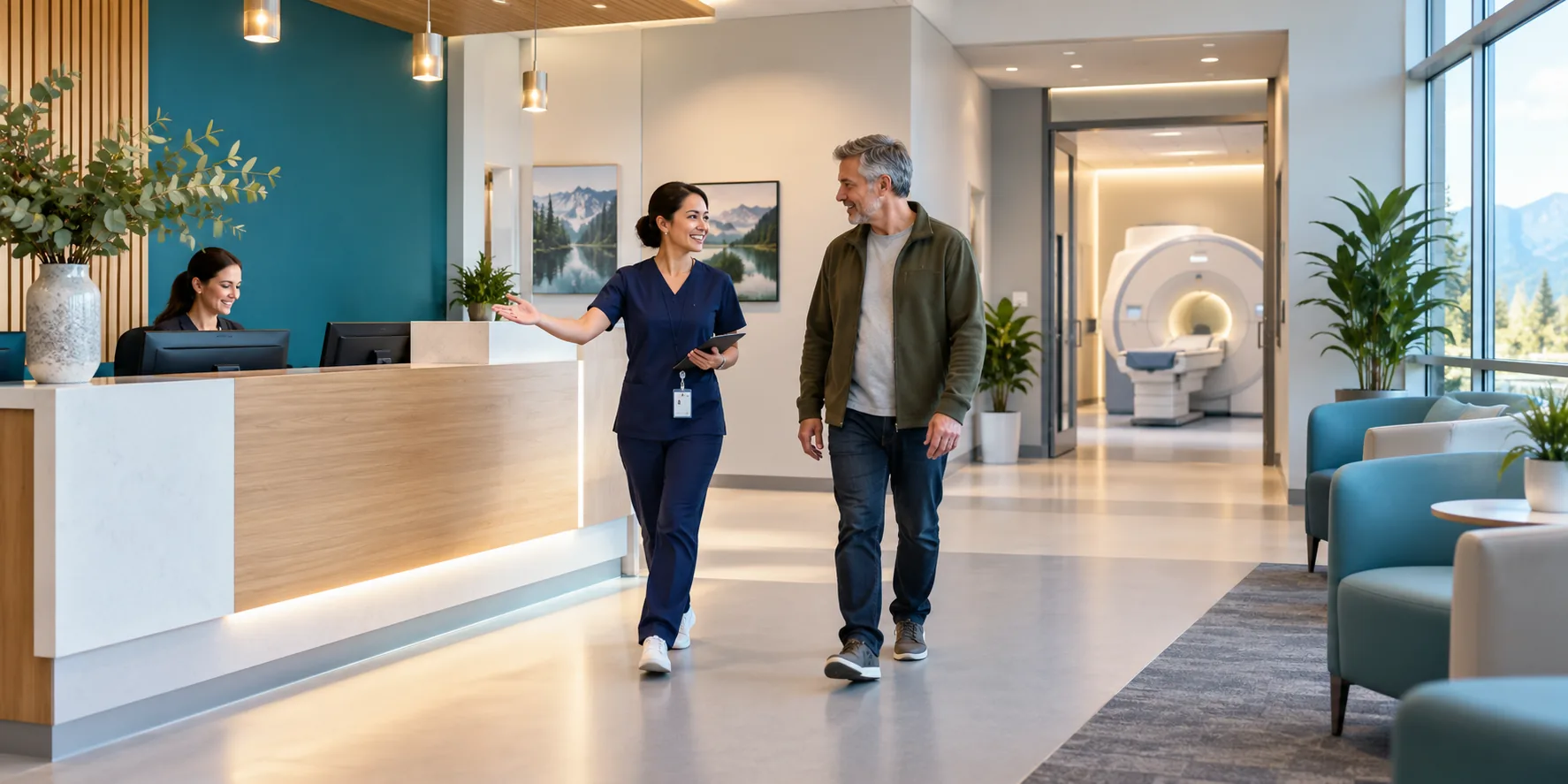 Illustrative image: a staff member guiding a patient through a diagnostic imaging center, with an MRI room in the background