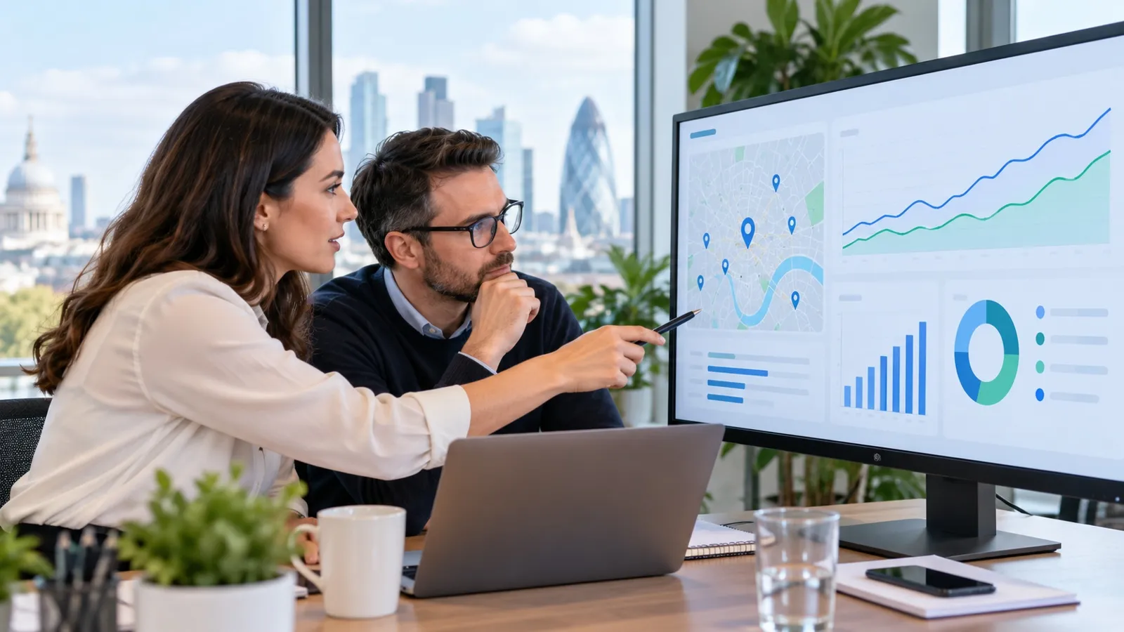 Illustrative image: two marketing strategists reviewing a local search map and growth charts on a large screen