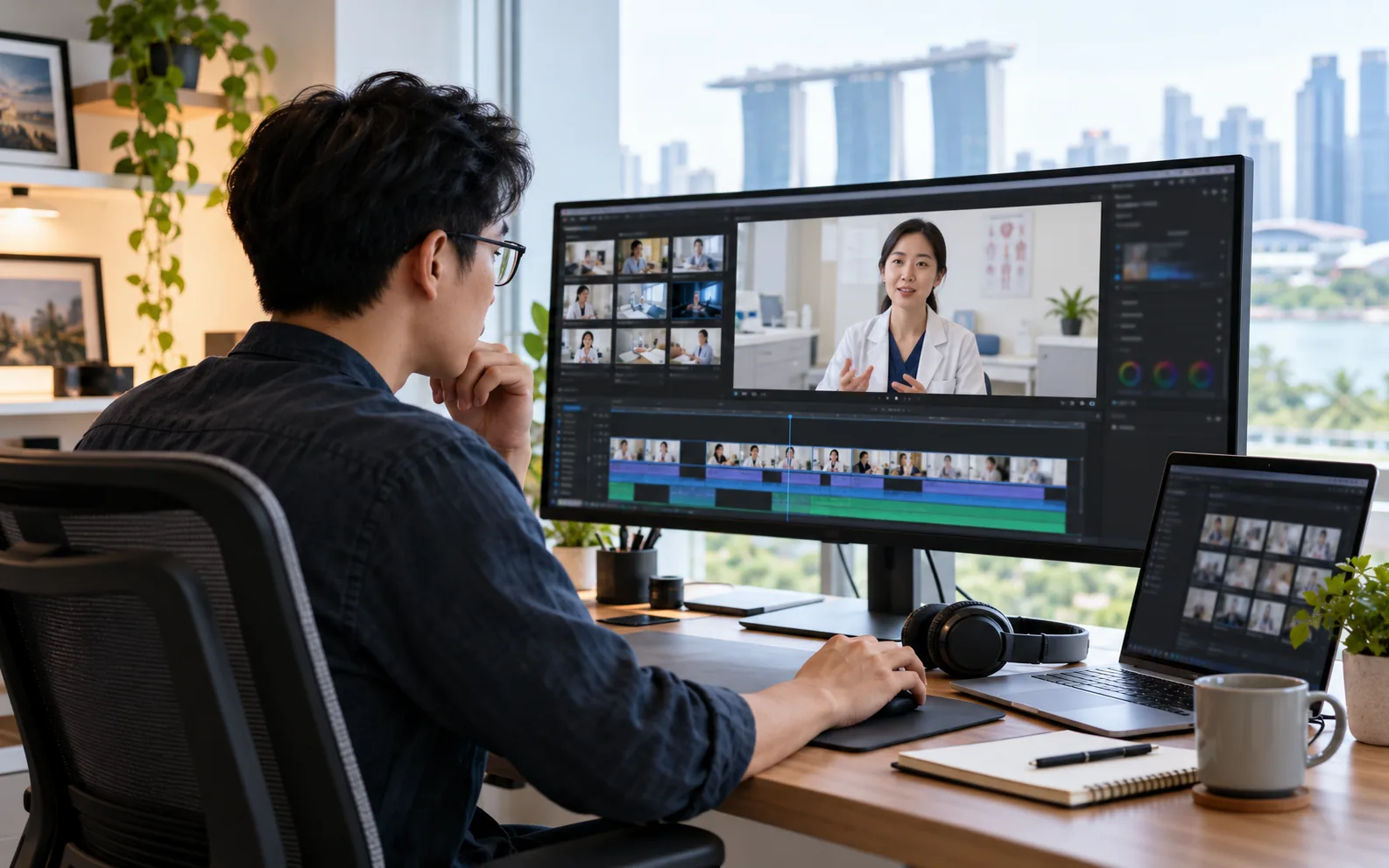 Illustrative image: a video editor reviewing clinic footage on a large monitor