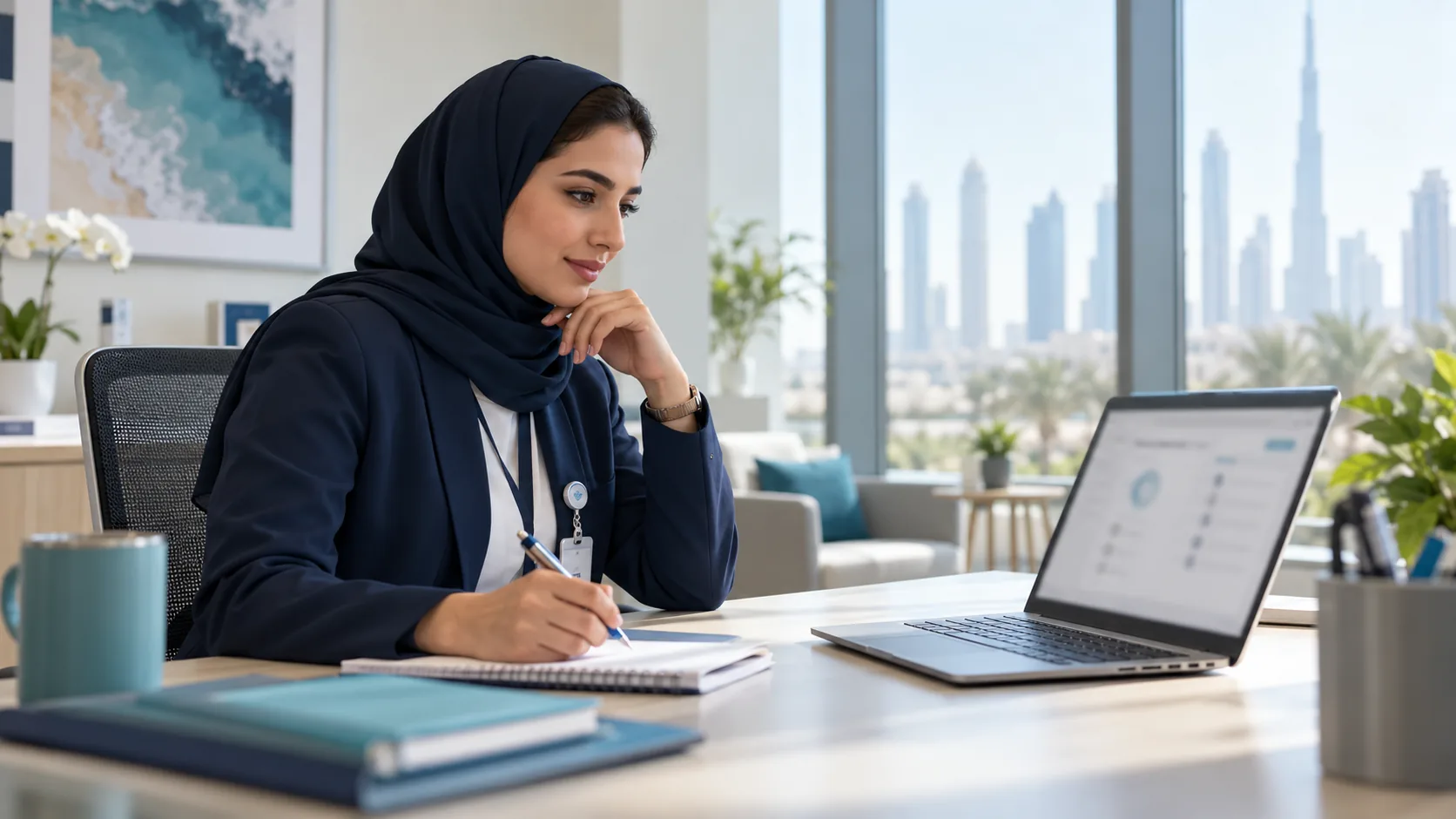 Illustrative image: a hospital patient relations manager reviewing feedback at her desk
