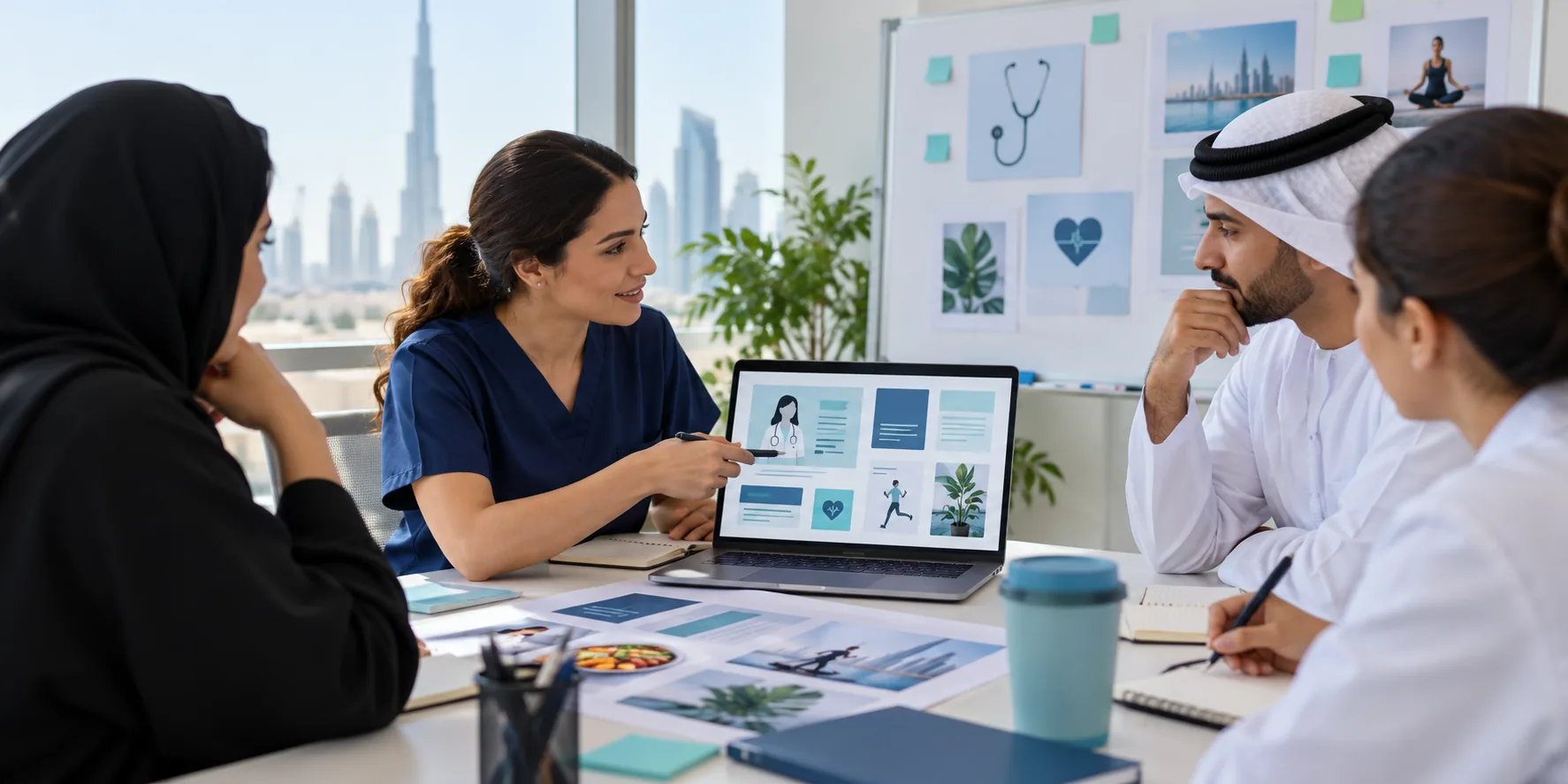 Illustrative image: a clinician in scrubs presenting patient education content to a hospital team