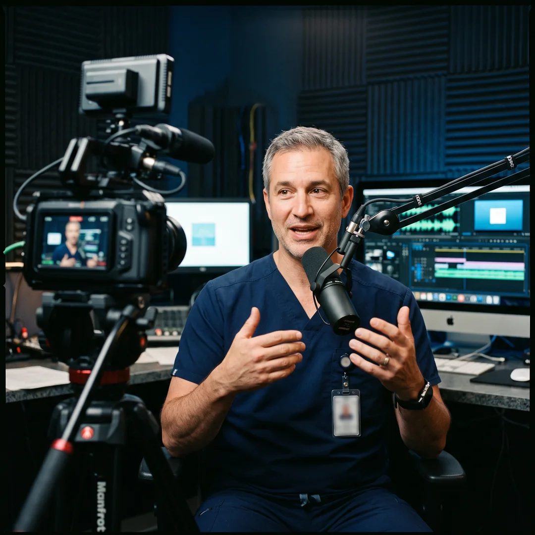 Illustrative image: a doctor in scrubs speaking into a studio microphone while a camera films the episode