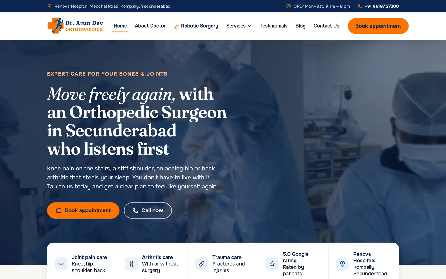 Homepage of the Dr. Arun Dev Orthopaedics website on a desktop screen