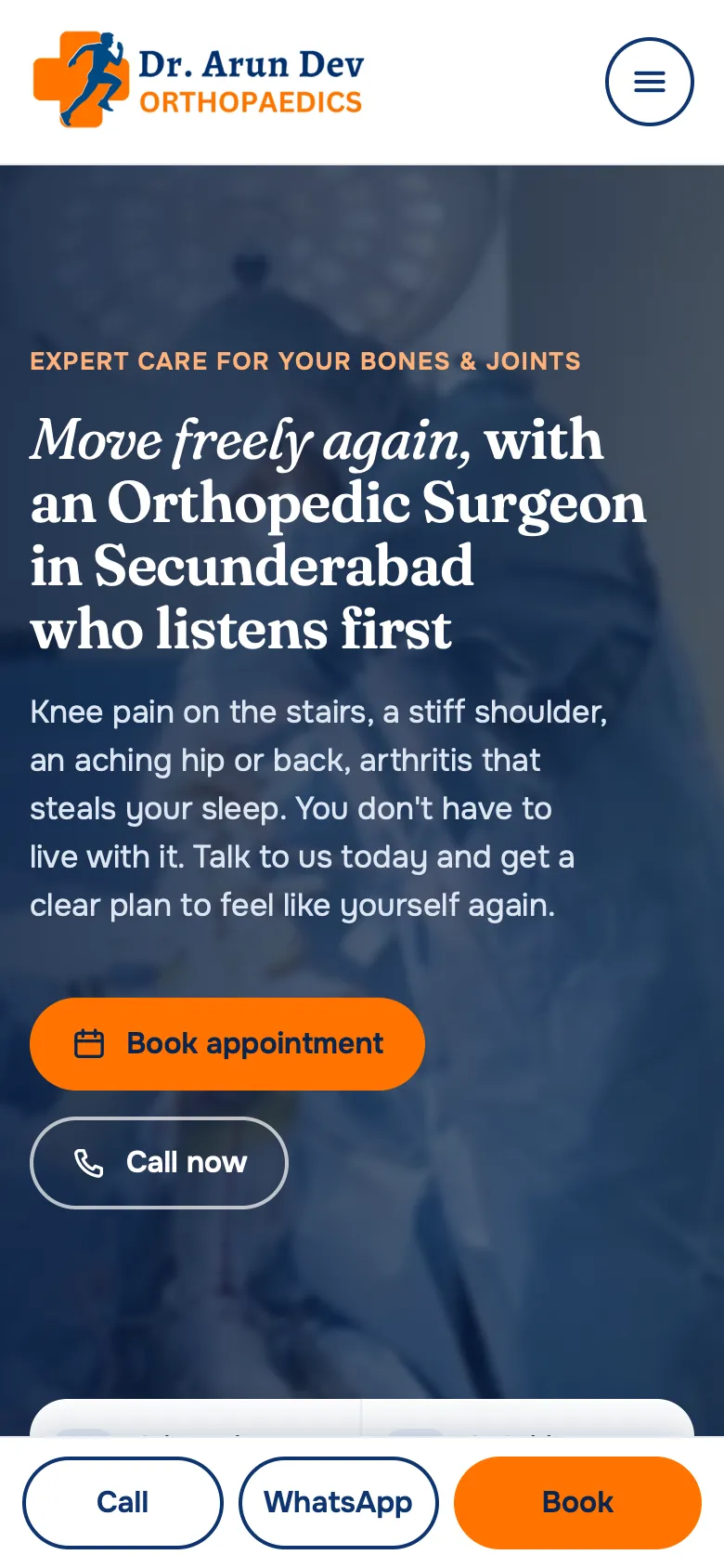 The Dr. Arun Dev Orthopaedics website on a mobile phone