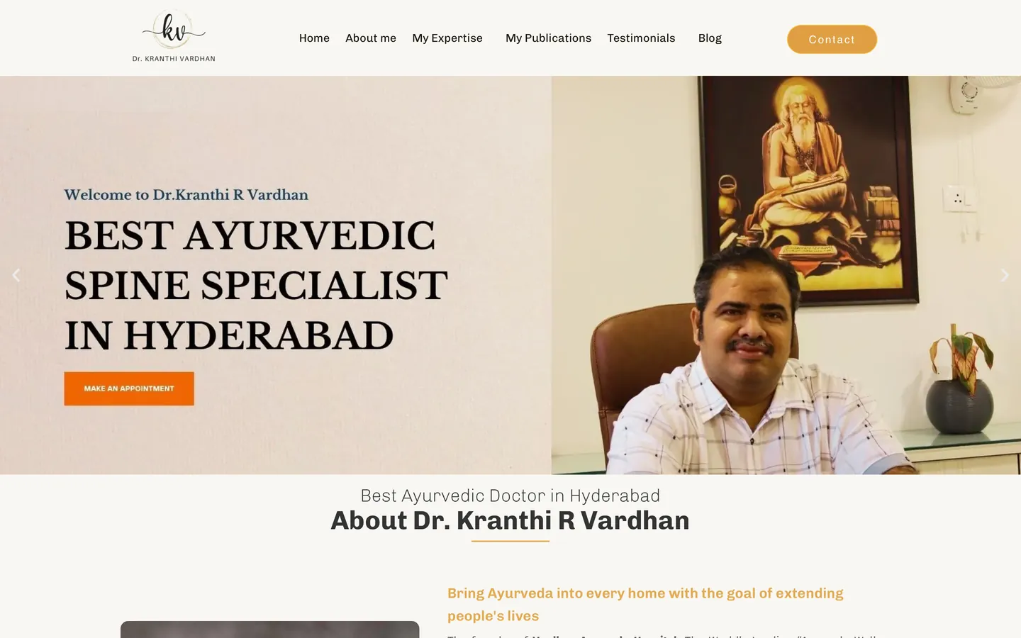Homepage of the Dr. Kranthi R Vardhan website on a desktop screen