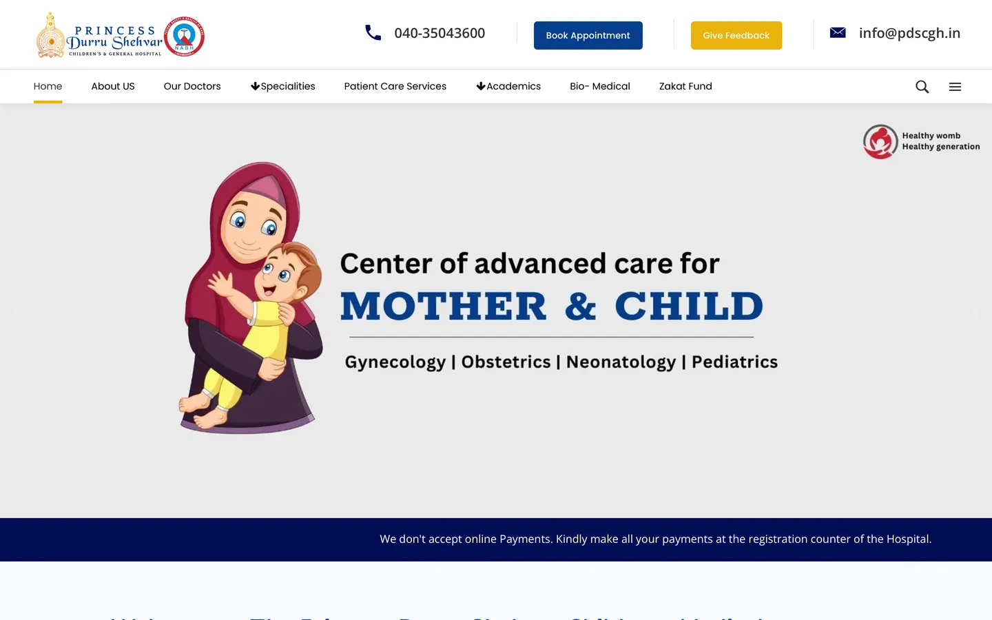Homepage of the Princess Durru Shehvar Children's and General Hospital website on a desktop screen