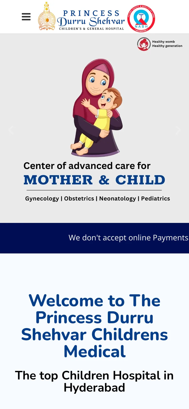 The Princess Durru Shehvar Children's and General Hospital website on a mobile phone