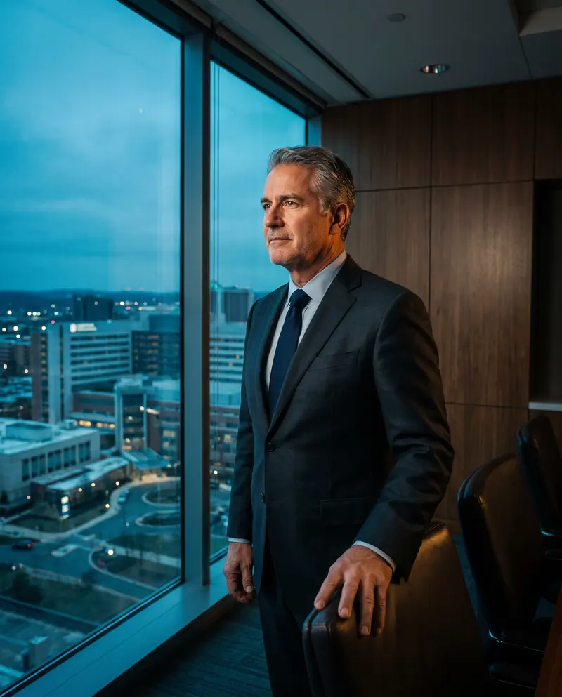 A hospital chief executive in a boardroom overlooking a hospital campus