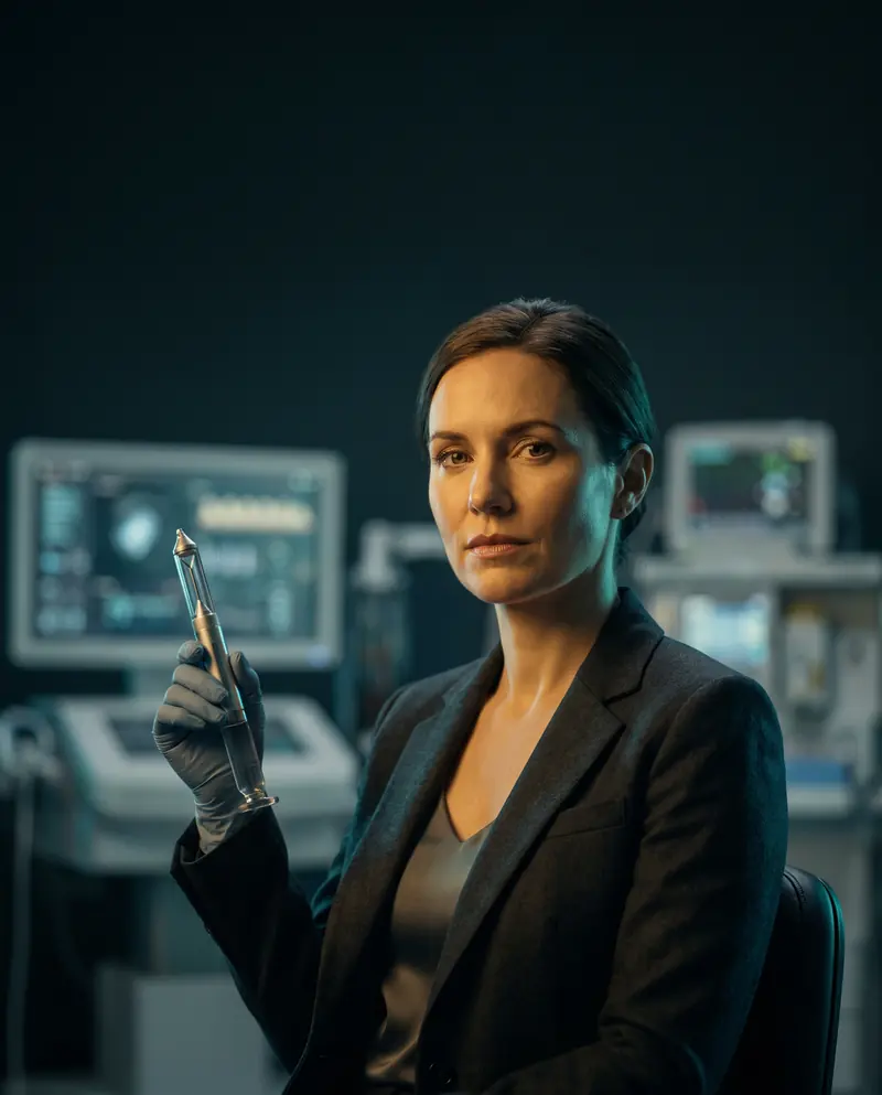 A medtech founder holding a surgical device prototype in a lab