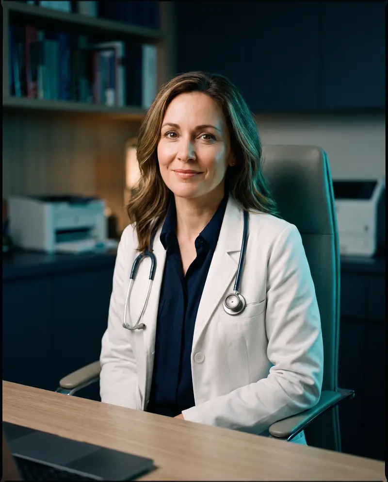 A physician in a white coat at her consultation desk